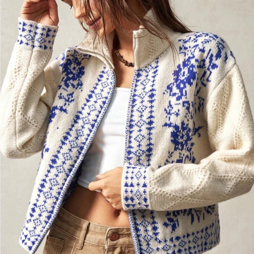 Boho Comfy Print Zip up Knit Sweater Cardigan - Picture 2 of 6